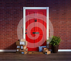 Residential front door with stacks of boxes from online purchases