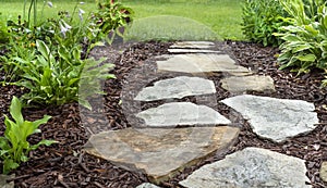 Residential garden walking path with flat stones, mulch and green plants