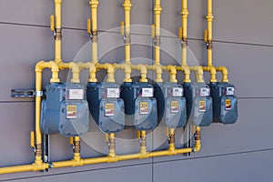 Residential gas energy meters row supply plumbing