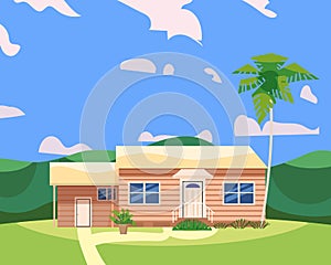 Residential Home Building in landscape tropic trees, palms. House exterior facades front view architecture family