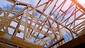 Residential home framing view on new house wooden under construction