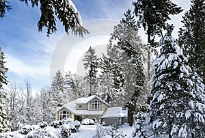 Residential Home in Winter with Blue Sky