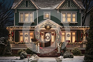 Residential house with Christmas decorations. Generative AI