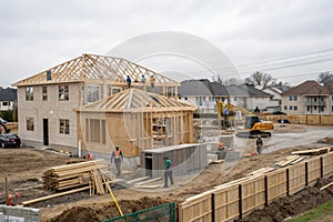 Residential house construction in progress at building site