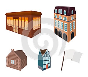 Residential house in English style, a cottage with stained-glass windows, a cafe building, a wooden hut. Architectural