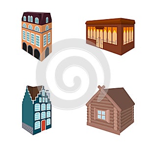 Residential house in English style, a cottage with stained-glass windows, a cafe building, a wooden hut. Architectural