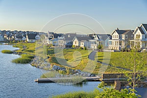 Residential houses at Daybreak in South Jordan, Utah with Oquirrh Lake waterfront