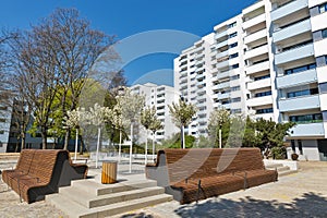 Small garden cozy with blooming trees in Berlin, Germany