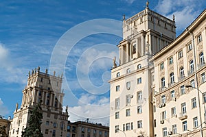 Residential houses Stalinist architecture on Leninsky Prospekt in Moscow, Russia