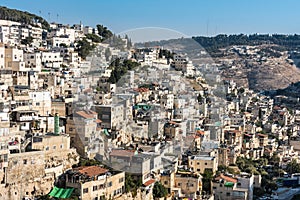 Residential houses under the sunlight at the Mount of Olive and Kidron Valley in Jerusalem, Israel