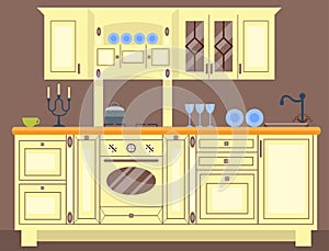 Residential interior of modern kitchen in luxury mansion. House architecture new modern furniture vector illustration.
