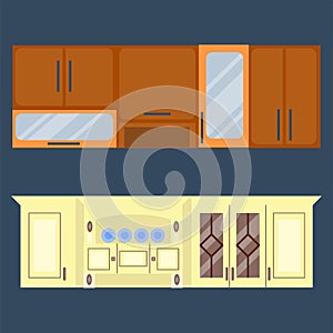 Residential interior of modern kitchen in luxury mansion. House architecture new modern furniture vector illustration.