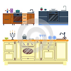 Residential interior of modern kitchen in luxury mansion. House architecture new modern furniture vector illustration.