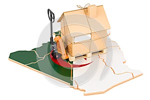 Residential moving service in Algeria, concept. Hydraulic hand pallet truck with cardboard house parcel on Algerian map, 3D