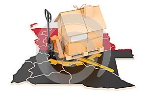Residential moving service in Angola, concept. Hydraulic hand pallet truck with cardboard house parcel on Angolan map, 3D