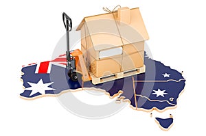 Residential moving service in Australia, concept. Hydraulic hand pallet truck with cardboard house parcel on Australian map, 3D