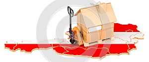 Residential moving service in Austria, concept. Hydraulic hand pallet truck with cardboard house parcel on Austrian map, 3D