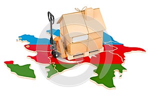 Residential moving service in Azerbaijan, concept. Hydraulic hand pallet truck with cardboard house parcel on Azerbaijani map, 3D