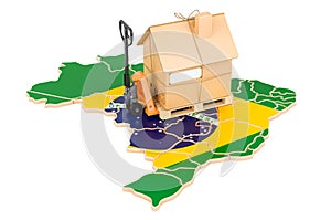 Residential moving service in Brazil, concept. Hydraulic hand pallet truck with cardboard house parcel on Brazilian map, 3D