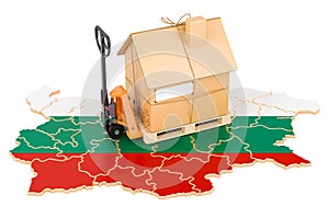 Residential moving service in Bulgaria, concept. Hydraulic hand pallet truck with cardboard house parcel on Bulgarian map, 3D