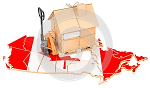 Residential moving service in Canada, concept. Hydraulic hand pallet truck with cardboard house parcel on Canadian map, 3D