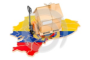 Residential moving service in Ecuador, concept. Hydraulic hand pallet truck with cardboard house parcel on Ecuadorian map, 3D