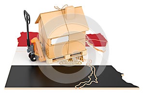 Residential moving service in Egypt, concept. Hydraulic hand pallet truck with cardboard house parcel on Egyptian map, 3D