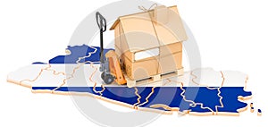 Residential moving service in El Salvador, concept. Hydraulic hand pallet truck with cardboard house parcel on Salvadoran map, 3D