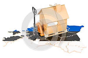 Residential moving service in Estonia, concept. Hydraulic hand pallet truck with cardboard house parcel on Estonian map, 3D