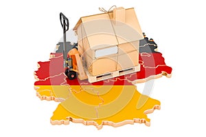 Residential moving service in Germany, concept. Hydraulic hand pallet truck with cardboard house parcel on German map, 3D