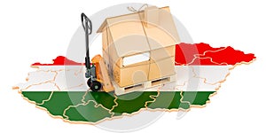 Residential moving service in Hungary, concept. Hydraulic hand pallet truck with cardboard house parcel on Hungarian map, 3D