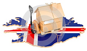 Residential moving service in Iceland, concept. Hydraulic hand pallet truck with cardboard house parcel on Icelandic map, 3D