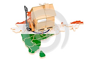 Residential moving service in India, concept. Hydraulic hand pallet truck with cardboard house parcel on Indian map, 3D rendering