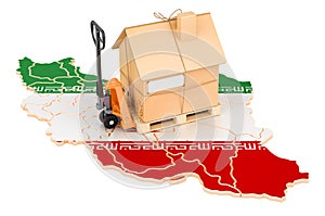 Residential moving service in Iran, concept. Hydraulic hand pallet truck with cardboard house parcel on Iranian map, 3D rendering