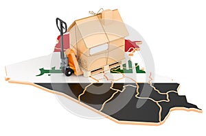 Residential moving service in Iraq, concept. Hydraulic hand pallet truck with cardboard house parcel on Iraqi map, 3D rendering