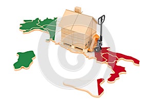 Residential moving service in Italy, concept. Hydraulic hand pallet truck with cardboard house parcel on Italian map, 3D rendering