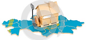 Residential moving service in Kazakhstan, concept. Hydraulic hand pallet truck with cardboard house parcel on Kazakh map, 3D