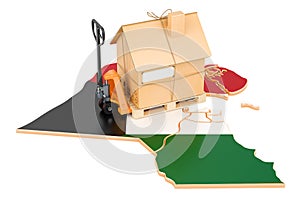 Residential moving service in Kuwait, concept. Hydraulic hand pallet truck with cardboard house parcel on Kuwaiti map, 3D