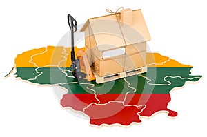 Residential moving service in Latvia, concept. Hydraulic hand pallet truck with cardboard house parcel on Latvian map, 3D