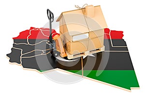 Residential moving service in Libya, concept. Hydraulic hand pallet truck with cardboard house parcel on Libyan map, 3D rendering