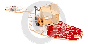 Residential moving service in Malta, concept. Hydraulic hand pallet truck with cardboard house parcel on Maltese  map, 3D