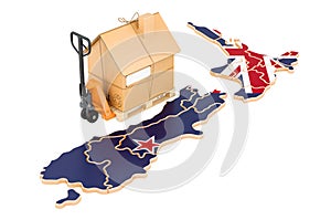 Residential moving service in New Zealand, concept. Hydraulic hand pallet truck with cardboard house parcel on New Zealand map, 3D