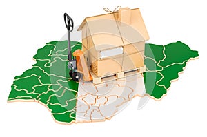 Residential moving service in Nigeria, concept. Hydraulic hand pallet truck with cardboard house parcel on Nigerian map, 3D