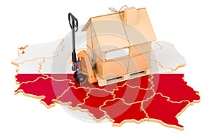 Residential moving service in Poland, concept. Hydraulic hand pallet truck with cardboard house parcel on Polish map, 3D rendering