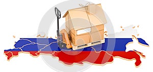 Residential moving service in Russia, concept. Hydraulic hand pallet truck with cardboard house parcel on Russian map, 3D