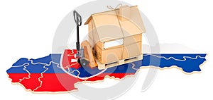 Residential moving service in Slovakia, concept. Hydraulic hand pallet truck with cardboard house parcel on Slovak map, 3D