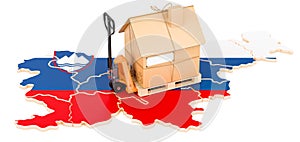 Residential moving service in Slovenia, concept. Hydraulic hand pallet truck with cardboard house parcel on Slovenian map, 3D