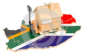 Residential moving service in South Africa, concept. Hydraulic hand pallet truck with cardboard house parcel on South African map