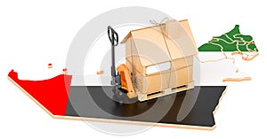 Residential moving service in the UAE, concept. Hydraulic hand pallet truck with cardboard house parcel on the United Arab