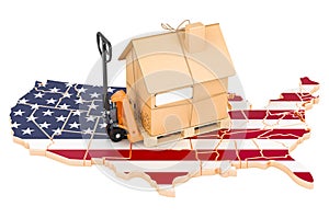 Residential moving service in the USA, concept. Hydraulic hand pallet truck with cardboard house parcel on the United States map,